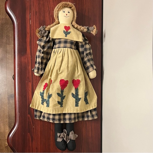 VTG Country Rustic Fabric Doll Shelf Sitter Gingham Dress Apron Primitive 23” - Picture 3 of 5